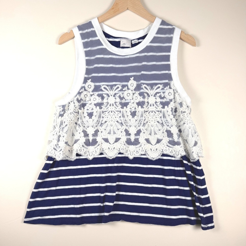 Anthropologie Postmark Navy White Striped Lace Mesh Tank Top XL Coastal Boho